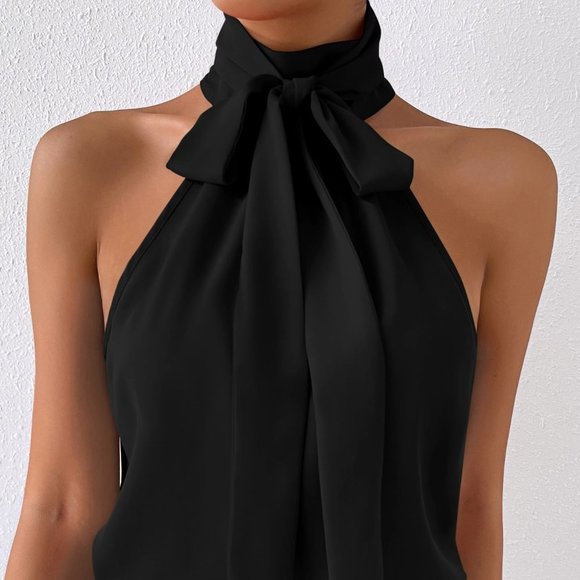 Black Preppy Womens Solid Tie Neck Halter Top - Picture 3 of 5